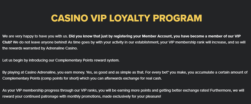 Casino Adrenaline VIP Loyalty Program with Up To 20% Cashback