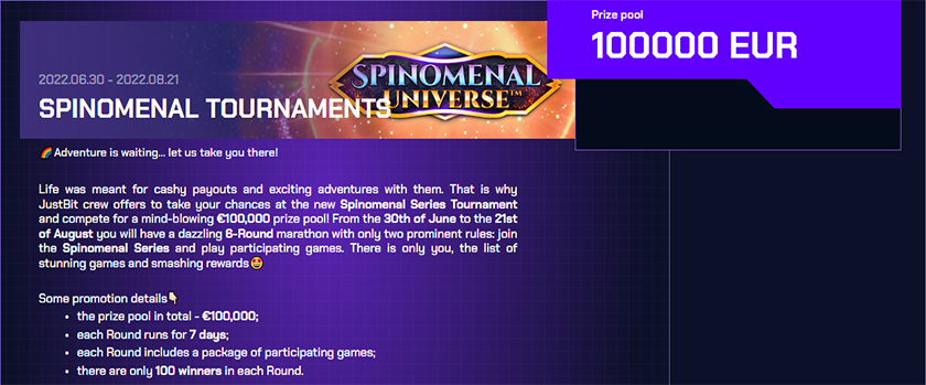 Justbit Spinomenal Series with a €15,000 Prize Pool