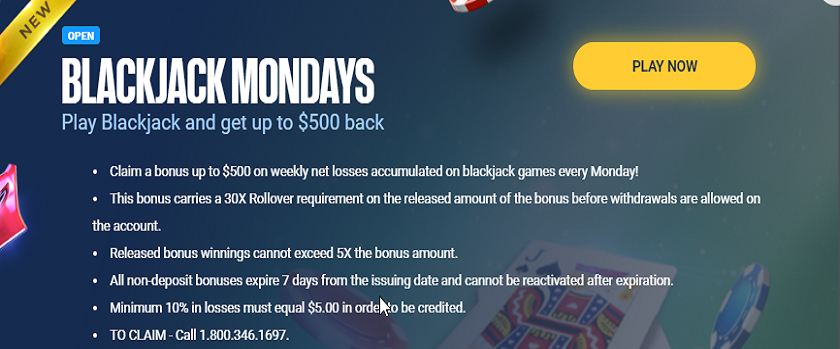 BetUS Blackjack Mondays Promotion Refunds up to $500