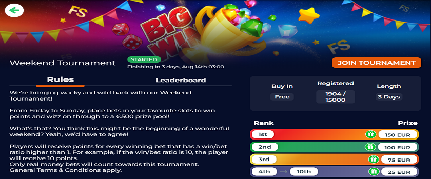 NineCasino Weekend Tournament with a €500 Prize Pool