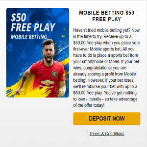 SportsBetting.ag Mobile Betting $50 Free Play with $50 Cashback