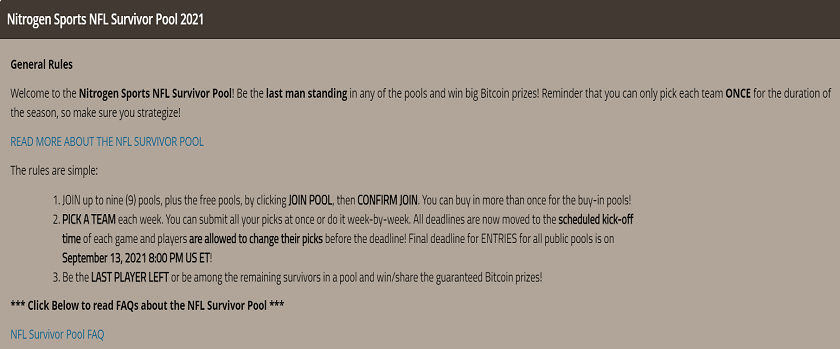 Nitrogen Sports NFL Survivor Pool Promo with 2 BTC Prize Pool