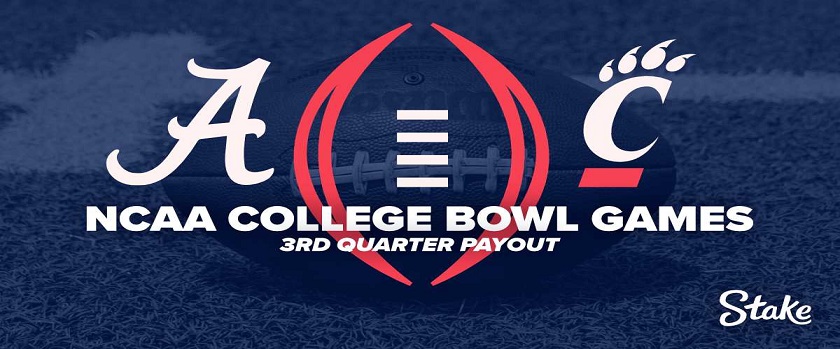 Stake NCAA College Bowl Games 3rd Quarter Payout Promo with $100 Cashback