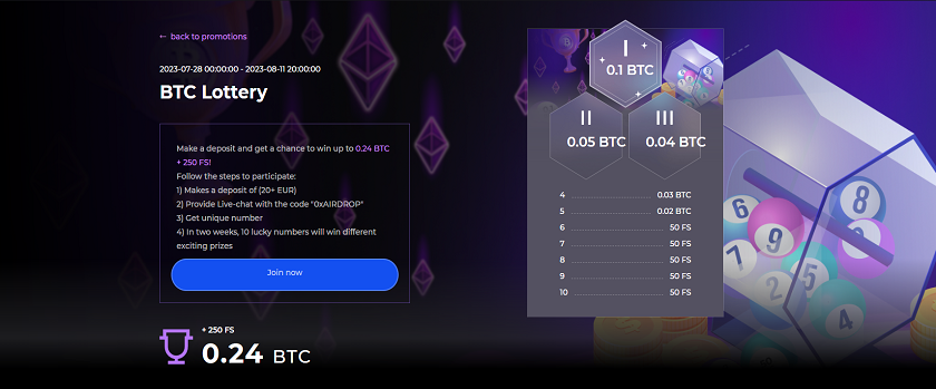 0x.bet BTC Lottery with 0.24 BTC and 250 FS Prize Pool