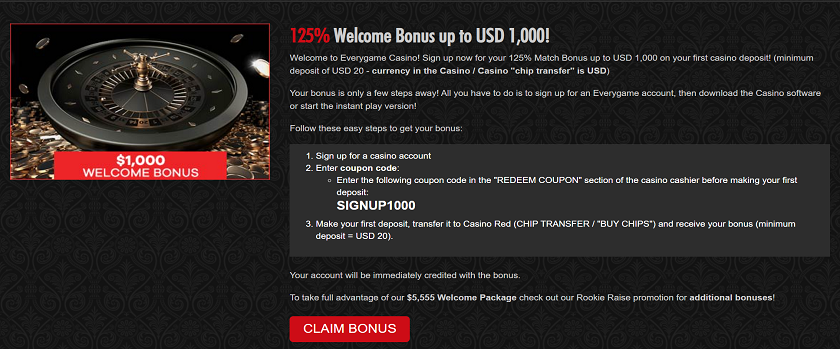 Everygame 125% Casino Red Welcome Bonus